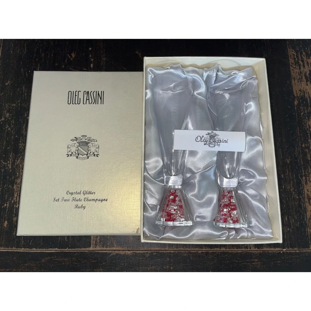 Oleg Cassini Crystal Glitter Ruby Champagne Flute Set of 2 Red Wedding Toasting